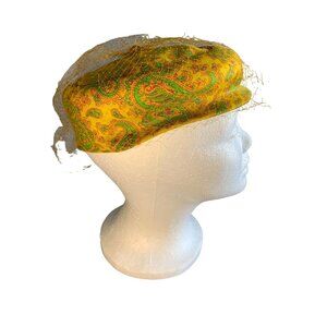 Ladies Yellow and Green Paisley Hat with netting Sz 22 Vintage